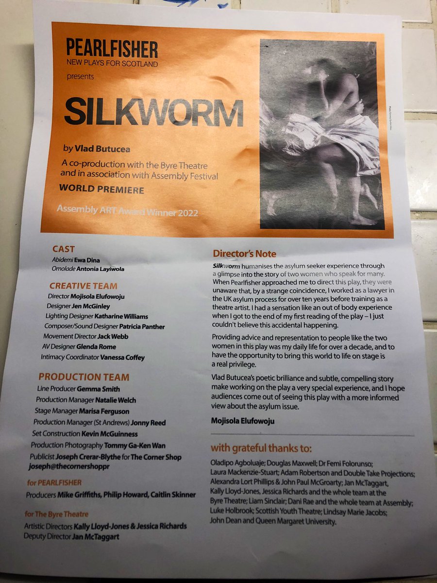 NewmanEJ's tweet photo. SILKWORM by Vlad Butucea from @PearlfisherScot is pure gold! An absolutely great piece of theatre. Everyone involved inc. director, company &amp; creative team listed in pictures 👇🏽big salute to the ace Pearlfisher Team @PipKeppel @MikeGriffiths3 @caitskin in Assoc. Byre &amp; Assembly https://t.co/FNnBM7d3kw
