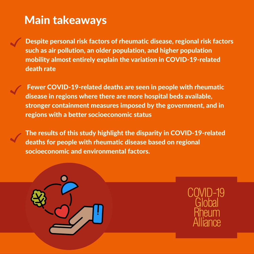 Read more on our website about the environmental and societal factors as potential explanations of the observed regional disparities in COVID-19 outcomes among people with rheumatic disease  #rheumatology #rheumaticdisease #Covid4Rheum