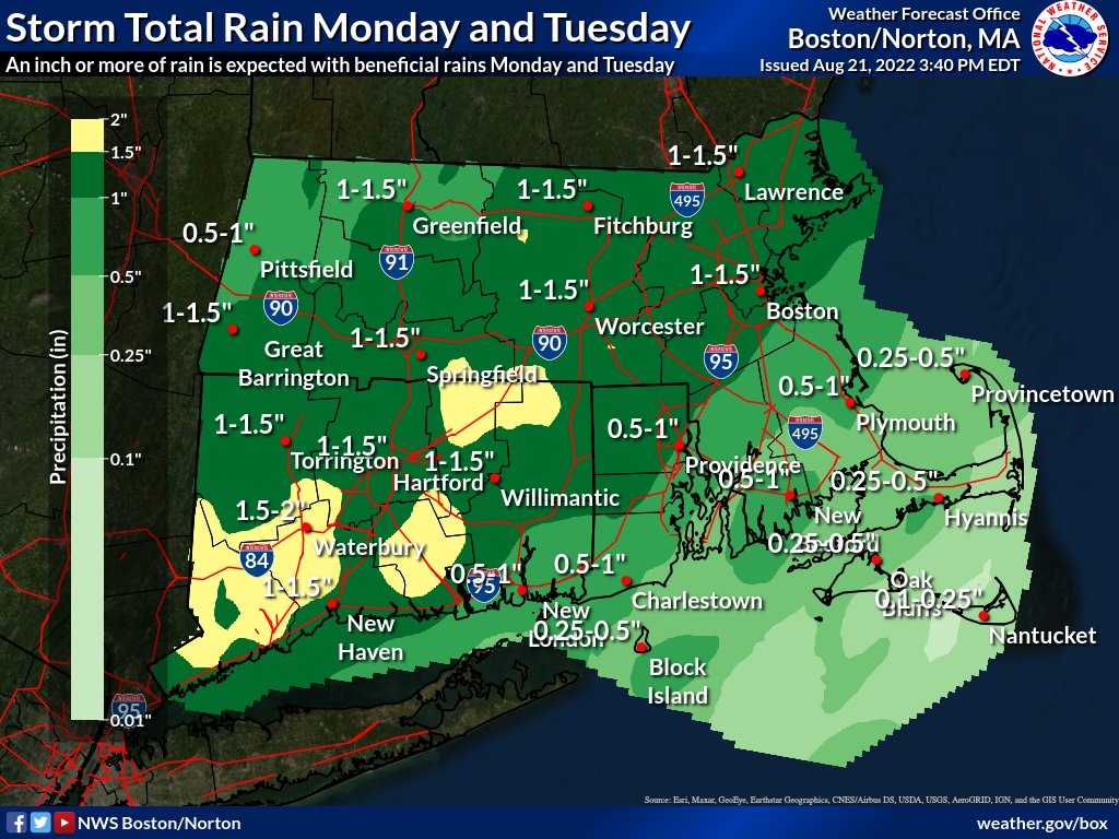 NWSBoston's tweet image. Much needed rainfall is expected tomorrow and Tuesday. Some areas could see 1.5 inches of rain or more. Heaviest rain is expected tomorrow afternoon into tomorrow evening.
