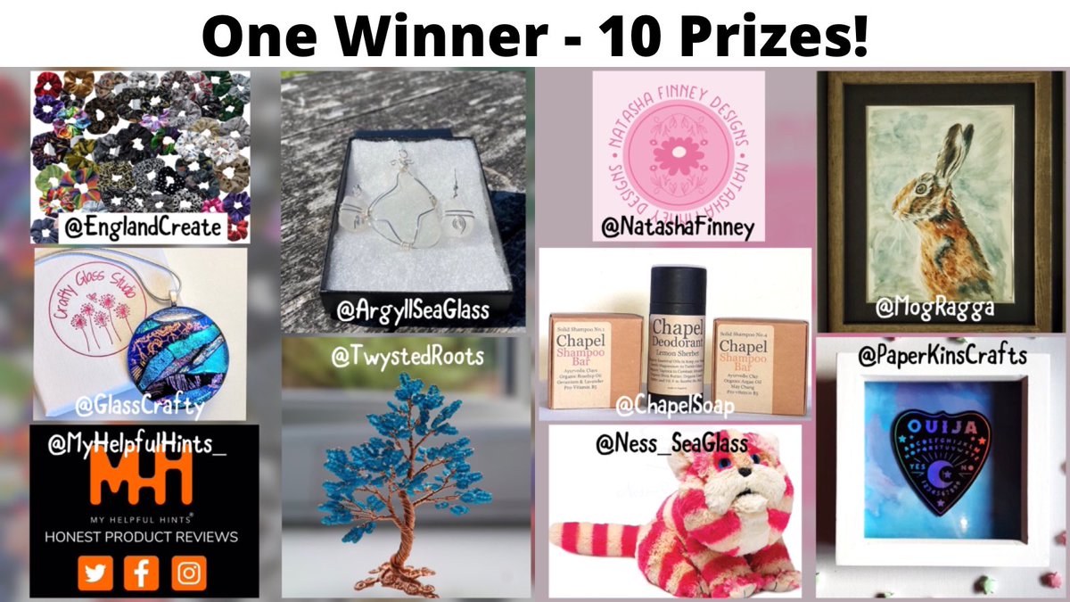 Ness_SeaGlass's tweet photo. To celebrate reaching 20k followers, I have collaborated with 9 amazing people to create an epic giveaway!

One winner will win all these prizes!

To enter - Follow all 10 businesses in the photo, Like &amp; Retweet this tweet. 

Competition closes at 8pm (GMT) 31st August 2022. https://t.co/FVQgoM4FEZ