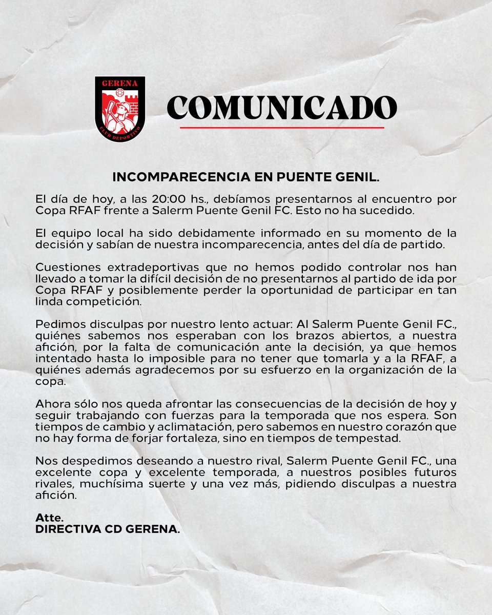 CD_Gerena's tweet photo. #ComunicadoOficial | Copa RFAF

Para nuestra afición y para quién lo considere oportuno 🔴⚫

@SalermPG @RFAF https://t.co/2US0WmbYub