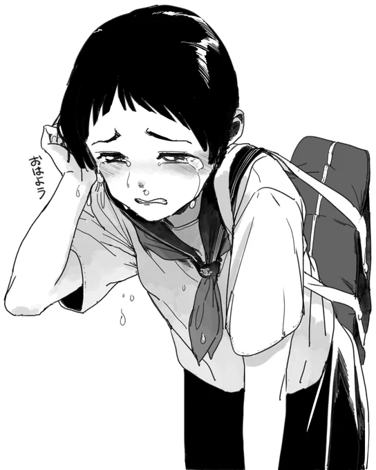 セルフカット失敗で号泣するもちゃんと登校する女子。 