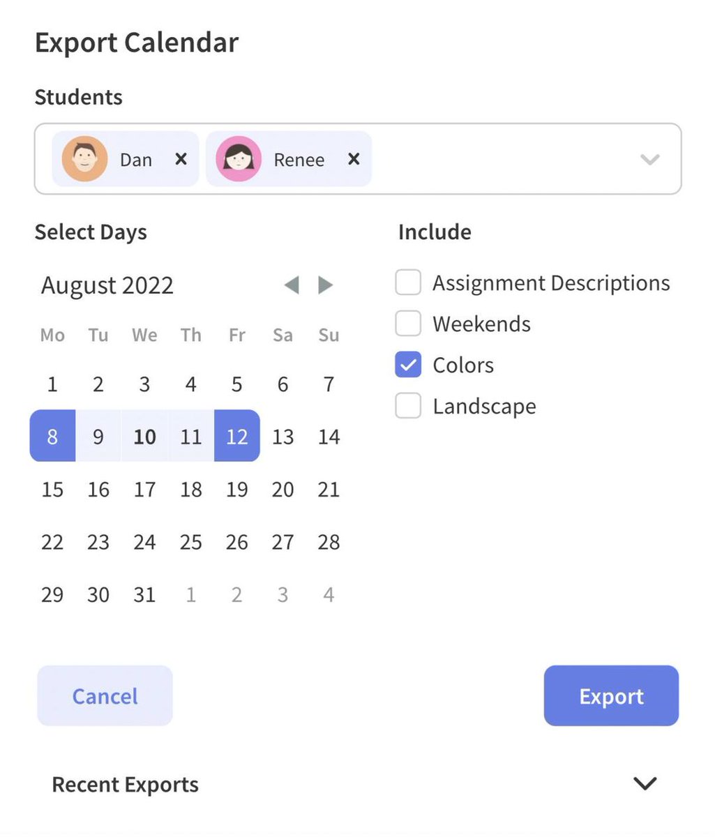 More features! 🙌This time, printing updates:
- Export for multiple students at once
- Export for any date range, including several weeks or months at once
- Export with color or black and white
- Print in landscape or portrait 
- Access your previous 10 exports