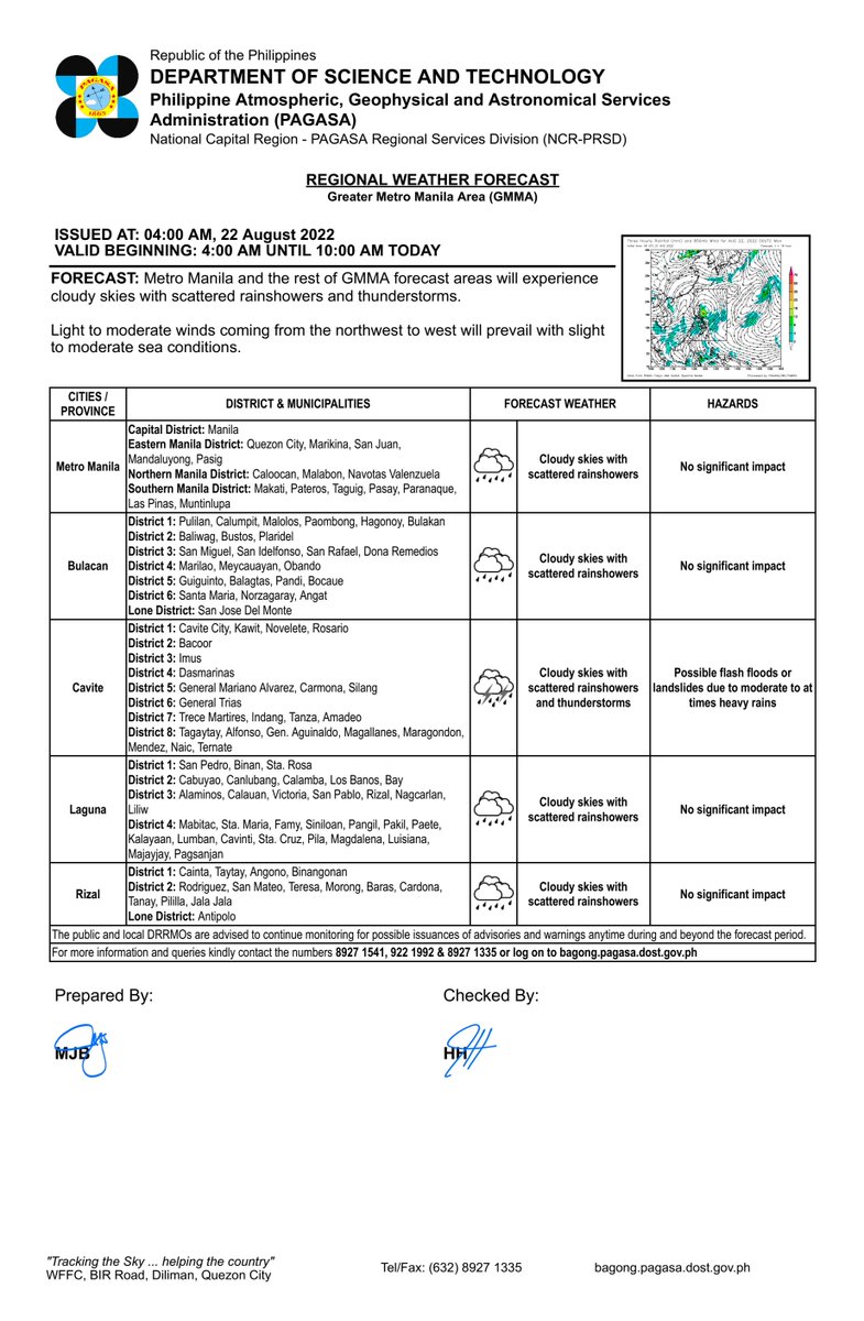 REGIONAL WEATHER FORECAST for GREATER METRO MANILA AREA (GMMA) #NCR_PRSD
Issued at: 4:00 AM, 22 August 2022
Valid Beginning: 4:00 AM - 10:00 AM today

pubfiles.pagasa.dost.gov.ph/ncrprsd/pf3.pdf