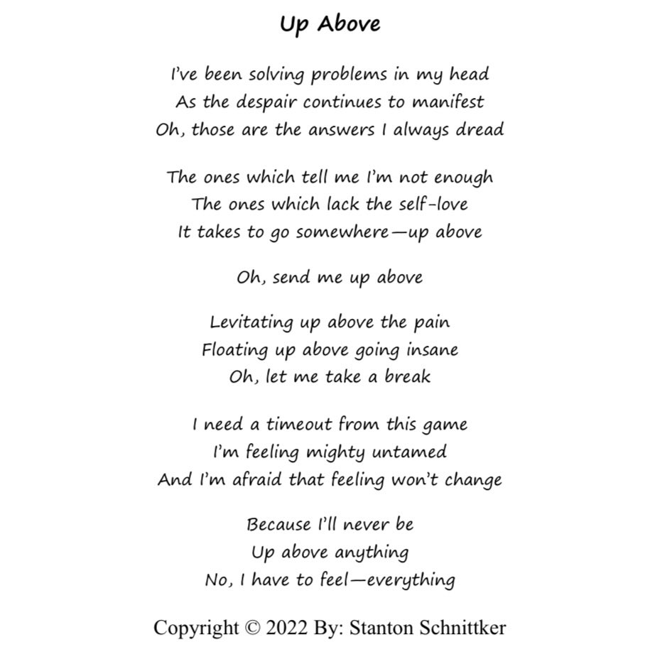 stanton_2o's tweet photo. Daily Post #125
Up Above
-
#problemsolving #selflove #notenough #upabove #poem #poet #poetry #writer #writing #WritingCommunity #Manifest #inmyhead #change #afraid #untamed #timeout #answers #words #AlchemyOfSouls #amwriting #FYP #foryou #foryoupage #problems #art #artist #new https://t.co/7ZsDgoBgm3