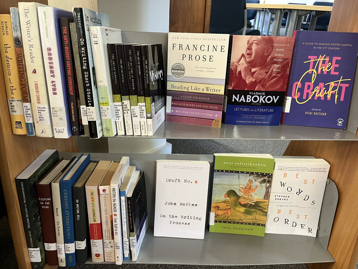 tony_taddei's tweet photo. Here it is my writing friends - four shelves of some of the very best books on writing, courtesy of the Bread Loaf library.  If you don’t see one of your favorites tweet back and let our writing friends know.  You can never get enough good writing inspiration. https://t.co/Ggw1fCwOqS