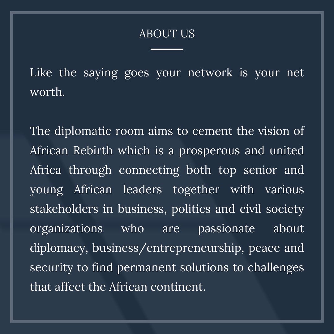 DiplomaticRoom's tweet photo. African Rebirth  is proud to introduce a new unique platform called The diplomatic room. 

It will be a place where 21st century diplomats and leaders are shaped. 

#thediplomaticroom #africa #diplomacy 
@AbdirizakKaraa @tatteddiplomat @EnochTumwine https://t.co/HcGaBwiZKt