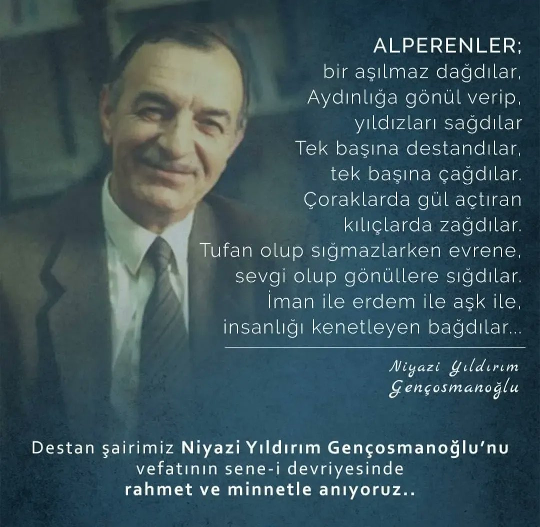 OcaklarTokat's tweet photo. “Alperenler bir aşılmaz dağdılar!
Aydınlığa gönül verip,
yıldızları sağdılar.
Tek başına destandılar,
tek başına çağdılar.

Tufan olup sığmazken evrene,
sevgi olup gönüllülere sığdılar.
İman ile erdem ile aşk ile,
insanlığı kenetleyen bağdılar...”

#niyaziyıldırımgençosmanoğlu https://t.co/byrvsvCQ8j