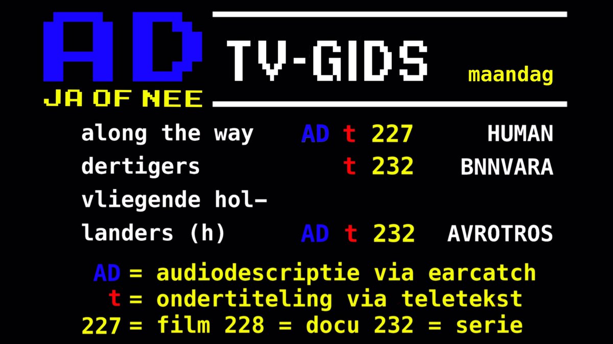 In tv-gidsen is het goed zoeken naar de A van #Audiodescriptie. 

AD is de ondersteuning die blinden en slechtziende nodig hebben om een film of serie te kunnen volgen. 

Het AD-aanbod op tv is te beperkt. Er moeten meer AD’s voor de t komen! 

#MeerADOpTV 
#ZetADOokInDeMediawet