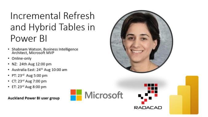 ShbWatson's tweet photo. I look forward to presenting for the Auckland Power BI User group this Aug 23rd (US)/24th (NZ). Join to learn about #PowerBI table storage modes, and how to set up #IncrementalRefresh and #HybridTables, all from Power BI Desktop! https://t.co/cyqrCCjIz7