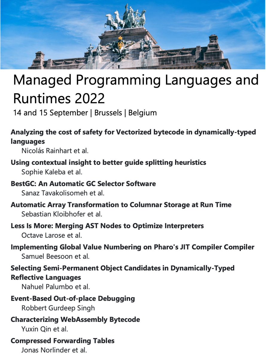 Our early registration ends Tuesday, August 23, AoE.

soft.vub.ac.be/mplr22/registr…

Not yet registered? Join us to discuss all things Managed Languages, including the following posters! 😊