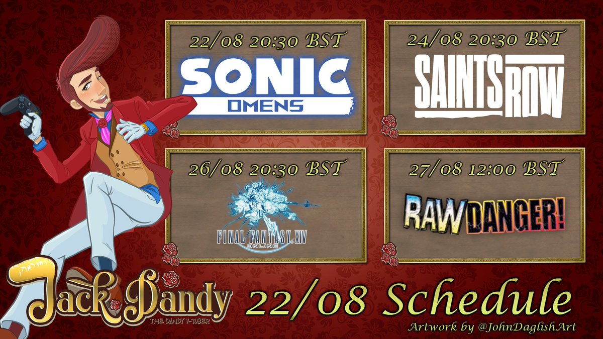 DandyJackDandy's tweet photo. Bend your knee, it's the schedule!
This week we're considering this our bad omen in #SonicOmens, getting back in time for more crime in #SaintsRow, a returning legend in #FFXIV and drying off one last time in #RawDanger
Be there and be DANDY!
#Vtuber #ENVtuber #VtuberEN https://t.co/B7XSVdDgtk