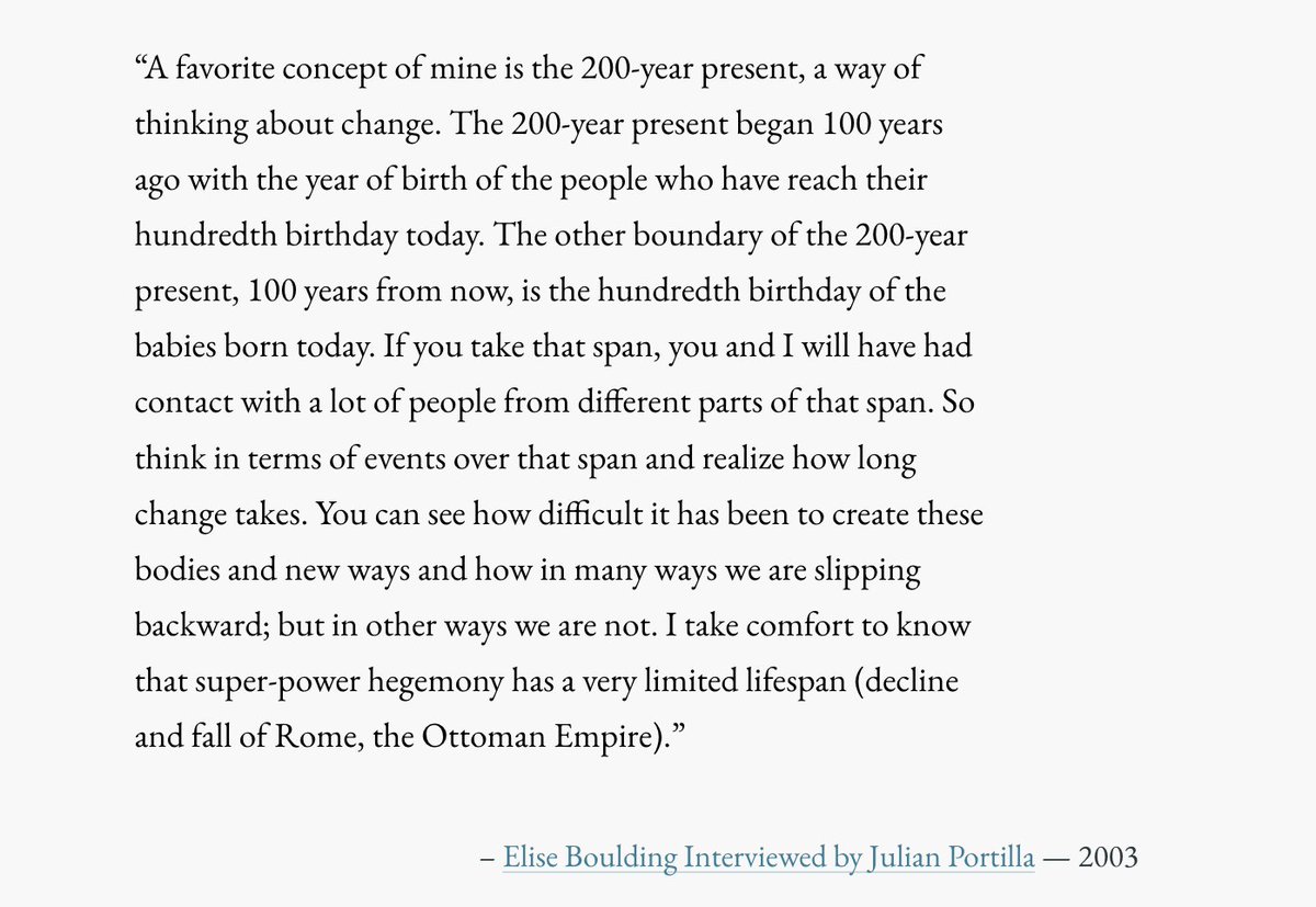 Melissa Clark-Reynolds (@honeybeegeek) on Twitter photo I love this concept of the long present - thinking back 100 years to the elders/kuia & kaumātua and forward a 100 for our grandchildren/mokopuna born now. How many people's lives might we consider in designing #futures if we thought this way? #EliseBoulding ht <a href="/SOIFutures/">School Of International Futures (SOIF)</a> I love this concept of the long present - thinking back 100 years to the elders/kuia & kaumātua and forward a 100 for our grandchildren/mokopuna born now. How many people's lives might we consider in designing #futures if we thought this way? #EliseBoulding ht <a href="/SOIFutures/">School Of International Futures (SOIF)</a>