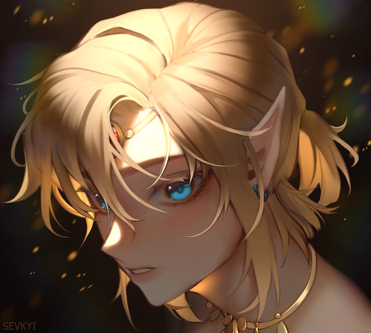 link 1boy male focus solo blonde hair jewelry pointy ears blue eyes  illustration images