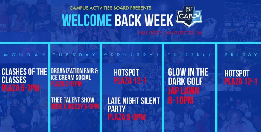 Bringing it back like we never left! 🥳🤩
JSU WELCOME BACK
Let’s start this fall semester THEE right way ‼️‼️
Join Campus Activities Board 🚕August 22nd-26th for Welcome Back Week ‼️‼️‼️
We hope to see all there! You won’t want to miss these events! 🐅
#jsu26 #jsu25 #jsu23 #jsu24