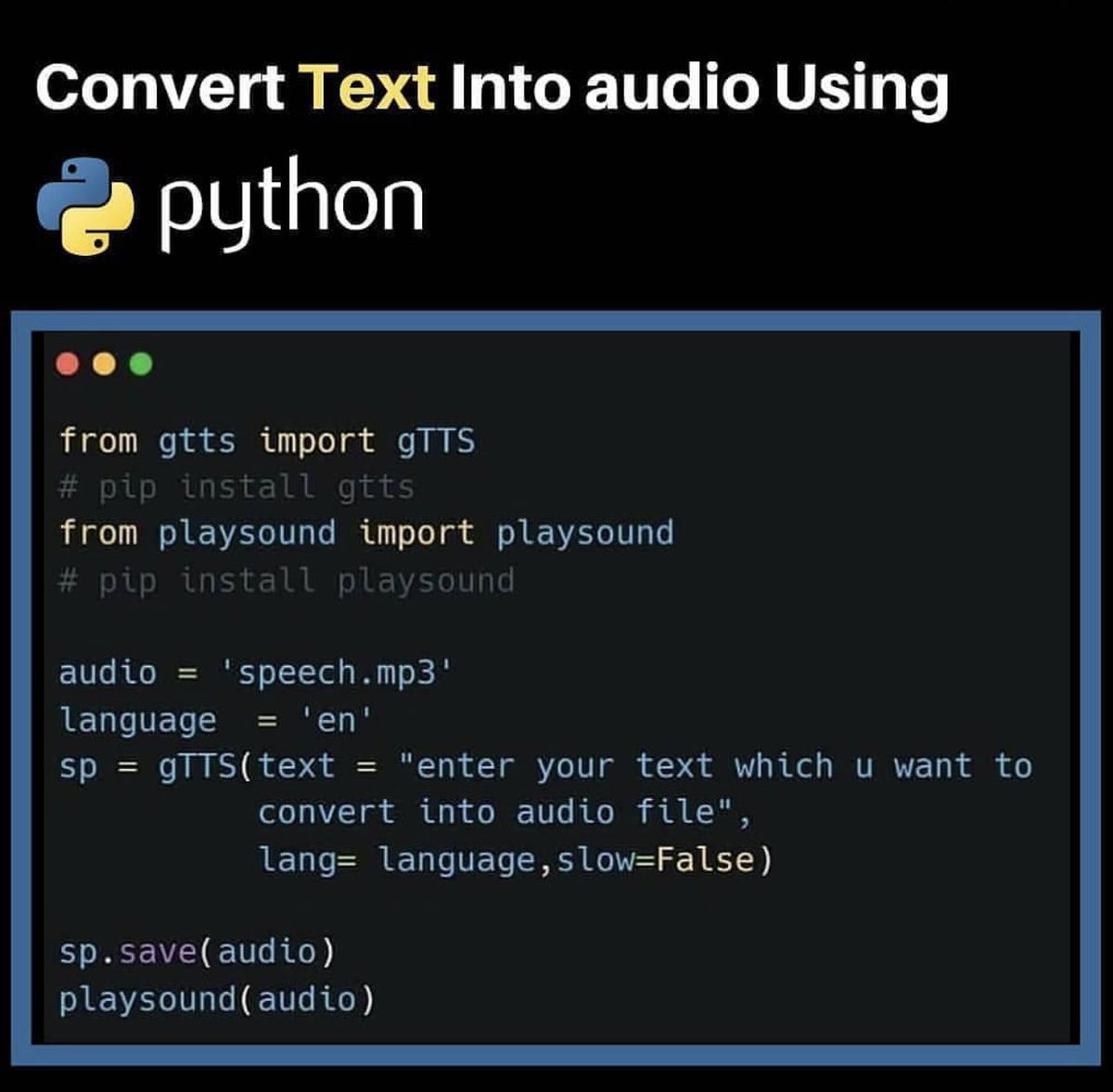 etwcrystal's tweet photo. How to Convert Text into Audio 💬

Very helpful for future data scientists.

Tags:
#Data #DataScience
#dataanalysis #DataAnalytics
#dataScientist #machinelearning
#python #pythonprogramming
#pythonprojects #pythoncode
#artificialintelligence #ai
#100DaysOfCode https://t.co/yAd2xGTZYg
