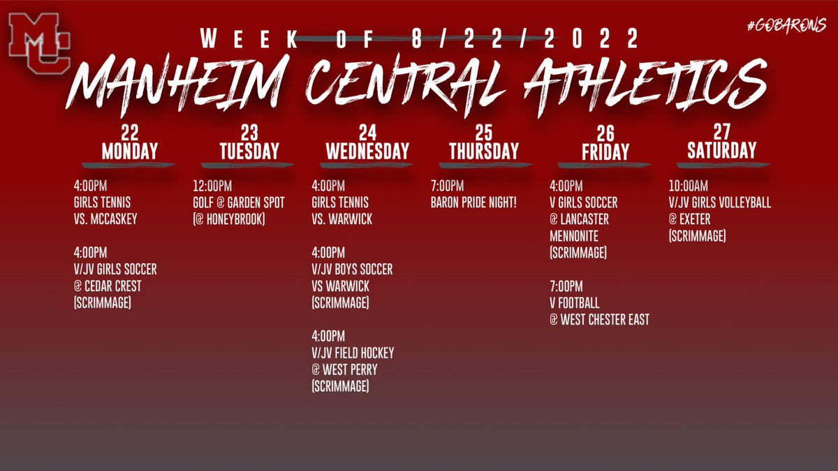 Athletics schedule for week of 8.22.2022 Go Barons! @ManheimCentral