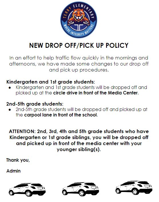 Terry families, please read about our new drop off and pick up procedures. #terrytigers #hearusROAR