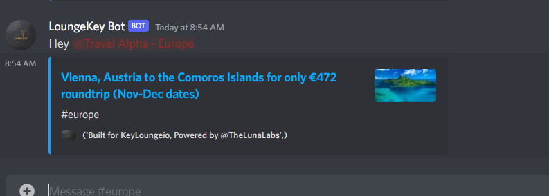 LoungeKeyIo's tweet photo. Deal of the day 8-21 (1 of 16 deals) Vienna to Comoros Island $472 roundtrip!
Make sure to follow us @LoungeKeyIo and tell us in the comments where you want to see the next deal from/to for your chance at an invite to our private discord!
#NFT #Travel #SolanaNFT #PrivateDiscord https://t.co/TmBBmeVqot