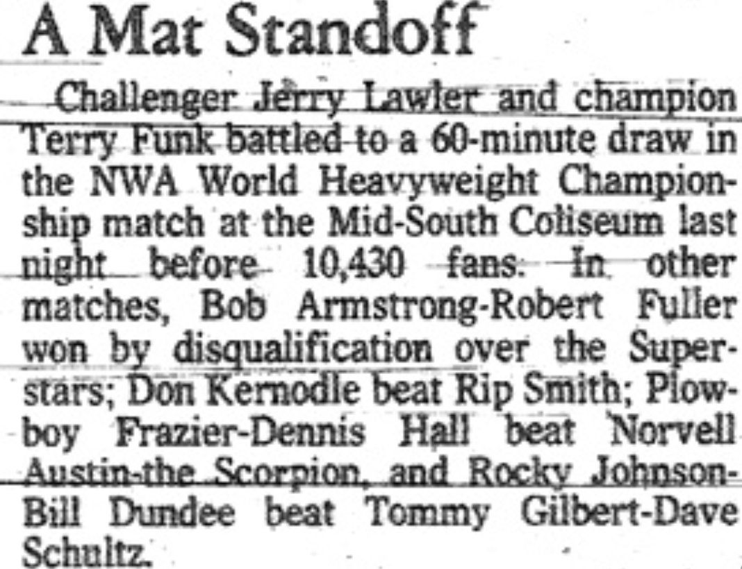 46 year ago tomorrow... On Aug 22, 1976, @JerryLawler had his 1st NWA World Title match vs Terry Funk. 60 min draw. Jerry had faced Jack Brisco numerous times for the NWA world title previously.