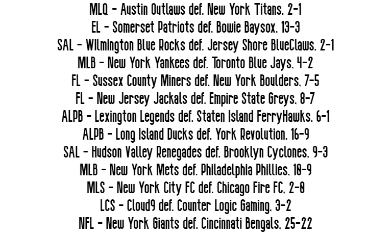 NYCGameday's tweet photo. Results for Sunday, August 21st
#TooStrong #PatriotsInPinstripes #ClawsUp #RepBX #KeepDigging #BoulderUp #PlayBould #GetJacked #DefendTheDen #AlwaysGrey #HawkCity #GoodTimesEveryTime #AmazinStartsHere #LGM #NYCFC #VamosNYC #CLGFIGHTING #CLGWIN #TogetherBlue https://t.co/4vr7t5x6m8
