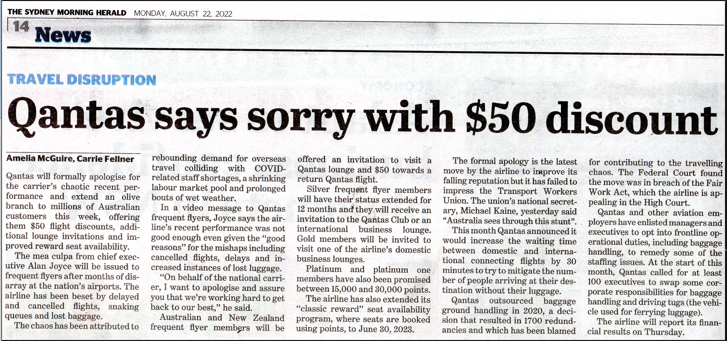 hot_dipper's tweet photo. Earlier you blamed your customers @Qantas so this token apology is pathetic &amp; insincere. Instead of flogging wine and insurance, get back to your core business &amp; focus on running a decent airline. Honest communications would be a good start, and stop outsourcing baggage handlers! https://t.co/beZqjUxkt6