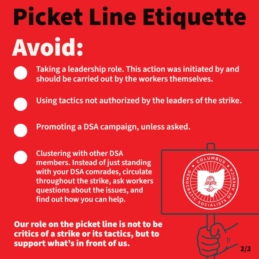 Columbus_DSA's tweet photo. Our comrades @columbusea are on strike and lots of us will be showing up in support at pickets all over the city. Here's a quick &amp; dirty best practices for you if you're out there! ✊️🌹 #ColumbusStudentsDeserve https://t.co/y6S15xfiea