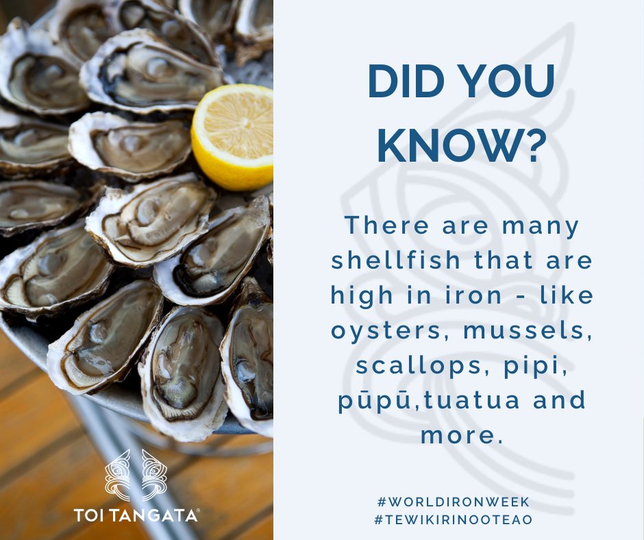 Ko te wiki rino tēnei! We’re excited to be supporting World Iron Awareness Week.
I tēnei wiki ka aro ake tātou ki te atua, ki a Hinemoana, me ētahi o āna tamariki, mokopuna hoki. 
We'll be focusing on Hinemoana and some of her uri that live in the sea: shellfish.
#WorldIronWeek