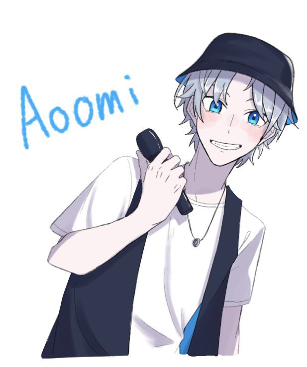 1boy male focus blue eyes holding microphone jewelry smile solo  illustration images