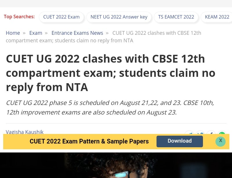 TrendingBharat2's tweet photo. Respected @DG_NTA 
Please Reschedule our exam date as it is clashing with CBSE Compartment and IMPROVEMENT examination 🙏
@DG_NTA @dpradhanbjp @cbseindia29 @TheAnuragTyagi @NidhiTanejaa #NTA #CUET #CBSE https://t.co/5a04NjUs2k