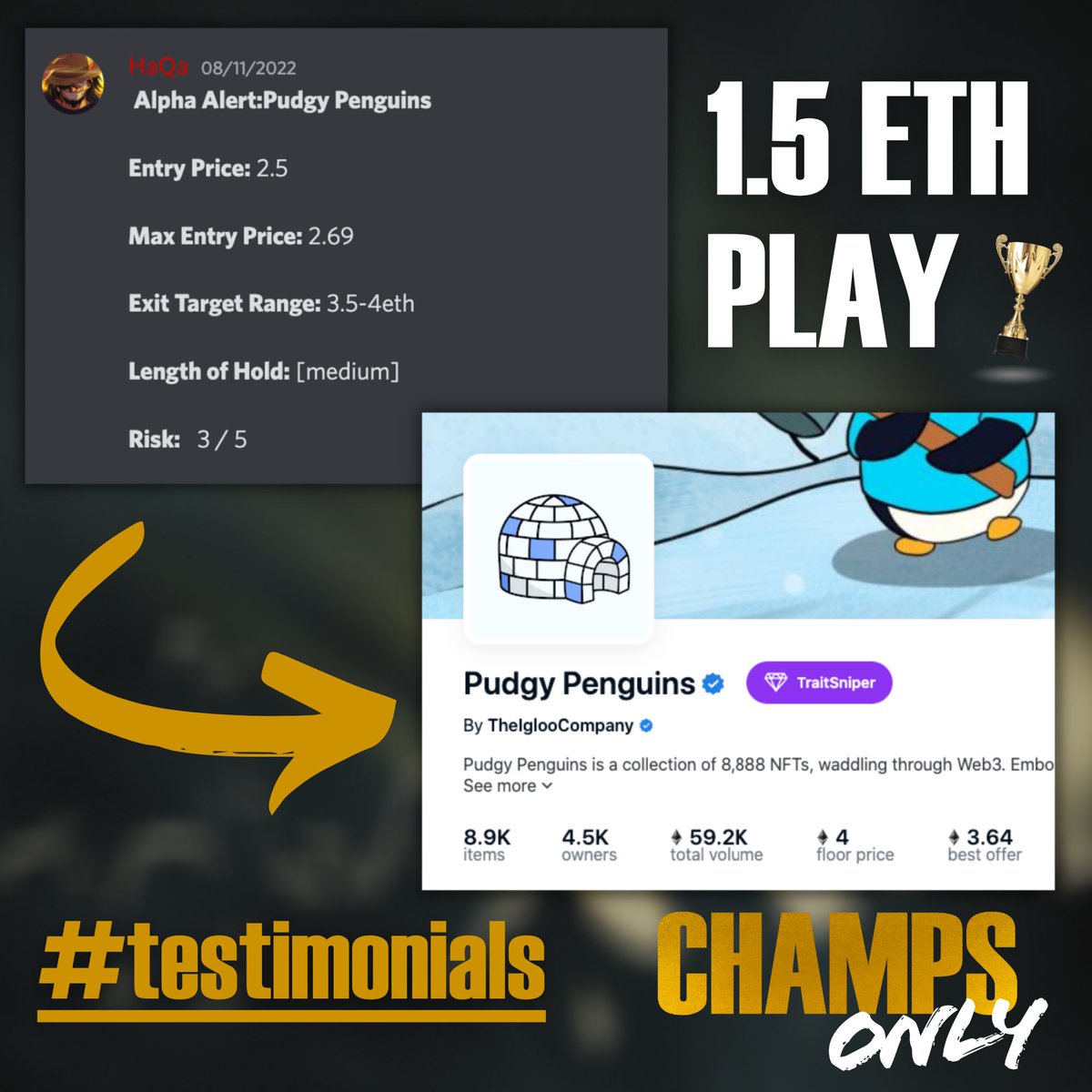 ONE PLAY has been dominating this bloody market... <a href="/pudgypenguins/">Pudgy Penguins</a> 😳

You bet the Champs got ahead of this one. 

Maximize your opportunity:
Newsletter: champsonlynft.com
OS: opensea.io/collection/cha…
Discord (free alpha): discord.gg/champsonly