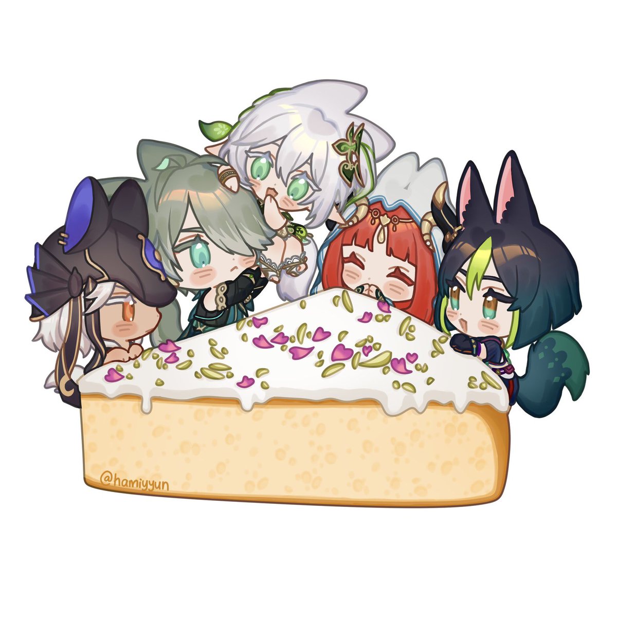 kamisato ayaka ,lumine (genshin impact) ,raiden shogun ,sangonomiya kokomi ,yae miko multiple girls animal ears pink hair hair ornament food flower chibi  illustration images