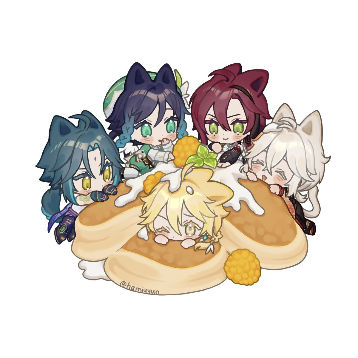 kamisato ayaka ,lumine (genshin impact) ,raiden shogun ,sangonomiya kokomi ,yae miko multiple girls animal ears pink hair hair ornament food flower chibi  illustration images