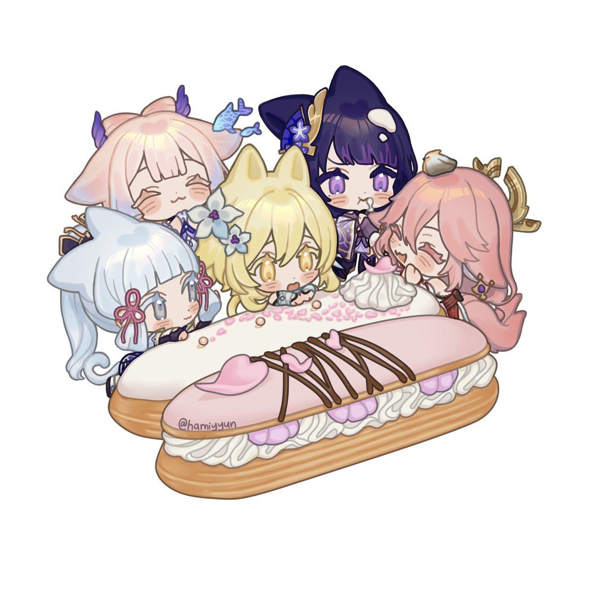 kamisato ayaka ,lumine (genshin impact) ,raiden shogun ,sangonomiya kokomi ,yae miko multiple girls animal ears pink hair hair ornament food flower chibi  illustration images