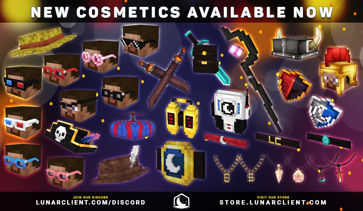 New Hats, Chains, Belts, Glasses, and Backwear are now available at store.lunarclient.com. 🛍️

Like, Retweet, and Follow for a chance to win 10x cosmetics of your choice! 🎉