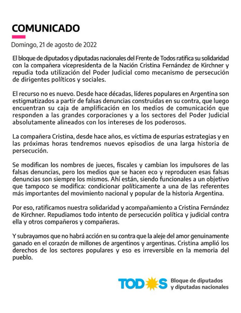 El Partido de la Victoria adhiere al comunicado de @Diputados_Todos sobre la persecución de la cual está siendo victima <a href="/CFKArgentina/">Cristina Kirchner</a>. 
Todos y todas con Cristina, el pueblo no olvida. 

#Cristinazo #CristinaEsPatria #Lealtad