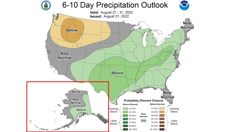 Sunday update: Monthly precipitation at Anchorage Int’l is now 5.62 inches, making this month the 4th wettest August since records began! Another quarter inch of rain is forecast through Tue afternoon &amp; the outlook through the end of the month leans on the wetter side. #akwx