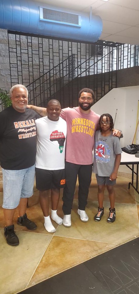 G.O.A.T @GableSteveson. Grandson had the opportunity to learn from a master on the mat today. Big thanks to the Southside Outlawz for hosting the clinic. @DekalbWrestle 🧡🖤🧡🖤 we rep. High School and Middle School, can't wait until season 💪🏾💪🏾💪🏾💪🏾