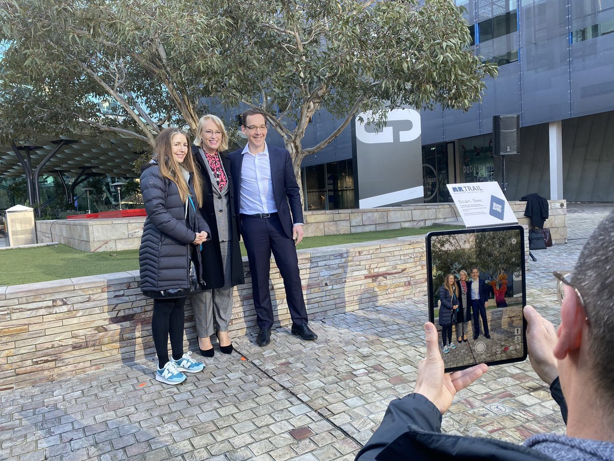 Launching an augmented reality arts trail in Fed Square with Minister Steve Dimopoulos and artist Patricia Puccini.