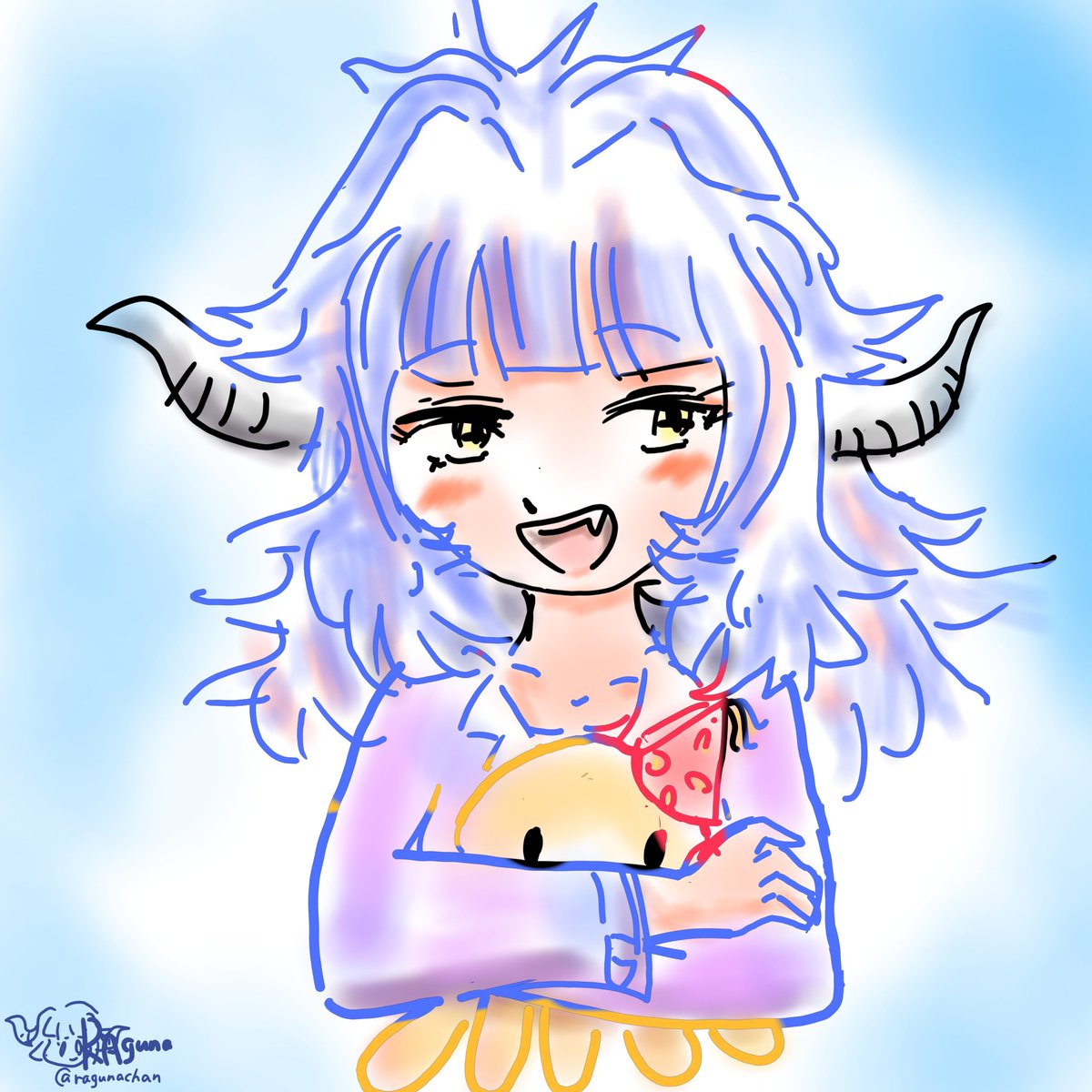 1girl horns smile open mouth messy hair blush pajamas  illustration images