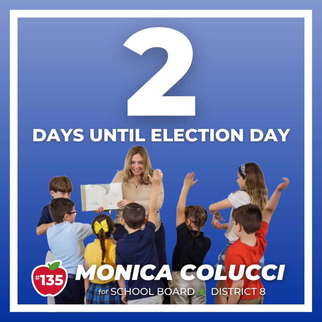 MonicaColucciFL's tweet image. Today is the last day of early voting and we are only 2 days away from Election Day! Vote for Monica Colucci #135 so we can bring principled leadership to our School Board! #GOTV

#WestKendall #Westchester #WestMiami #CoralGables #Kendall #TheHammocks #KendaleLakes #Tamiami