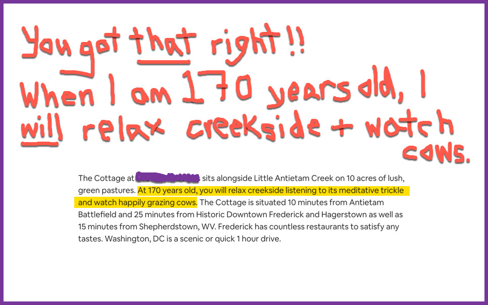 LeslieO's tweet photo. I'm not sure I'll make it to 170, but if I do, I now know how I'll be spending my birthday: enjoying meditative creek trickle and happy, grass-chomping cows. Um, yay?
#grammar
#grammarfun
#plainlanguage
#Danglingmodifier https://t.co/xTjwf87s9C