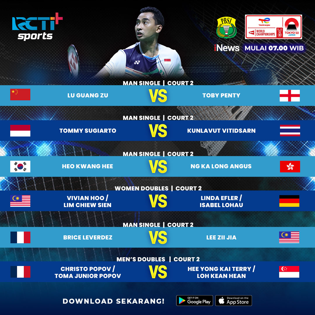 Kejuaraan Dunia #BWFWorldChampionships dimulai, berikan dukungan untuk atlet Indonesia yg bertanding hari ini!

🗓️ 22 Agustus 2022
⏱ mulai 07.00 WIB
🔗 rcti.plus/1rOL2v

Live streaming di RCTI+

#BWC2022 #RCTIPlusSports