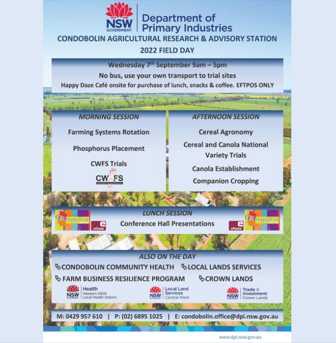 CONDO FIELD DAY. When: 7th September, 9am - 5pm. Lots of cool stuff on: -Farming systems -Canola establishment -Companion cropping - NVT Trials ....and heaps more👍👍👍 @nswdpi @CentralWestLLS @CWFS_Condo @Master4Colin