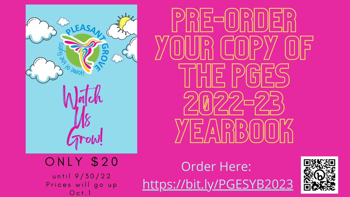 Believe it or not -- now is the best time to order a copy of the school yearbook.  Reserve yours before September 30 to get the lowest prices all year.

bit.ly/PGESYB2023
