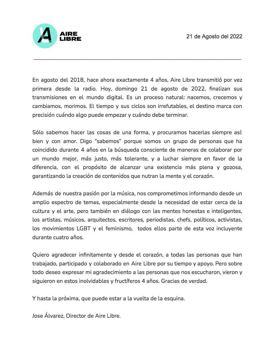Comunicado oficial: Fin de transmisiones de #AireLibre.