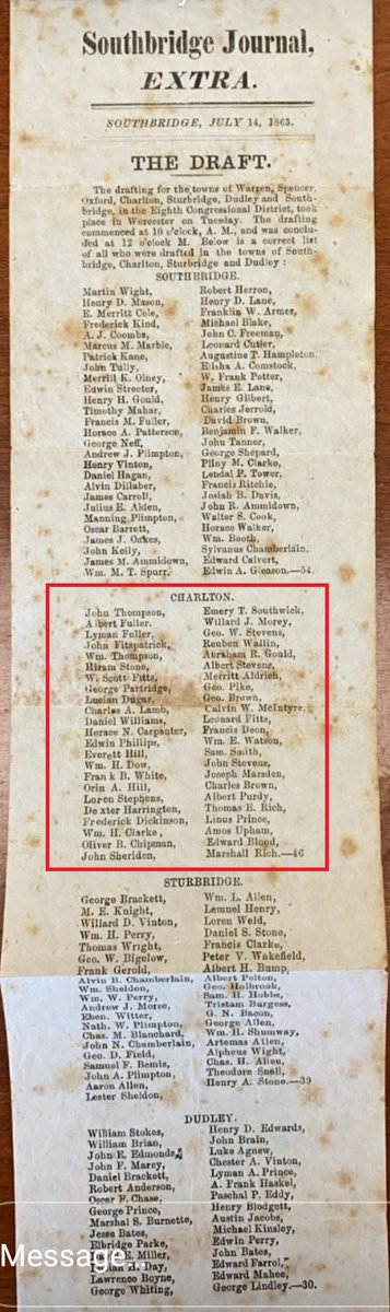 CharltonHistory's tweet photo. The Southbridge Journal newspaper published a list of Civil War draftees in July 1863. The war had been raging for 2 years at this point &amp; so there were older men, some of whom did not ultimately serve. For example, there seems to be no evidence that Edwin Phillips, /1 https://t.co/D1a3n7T3Nq