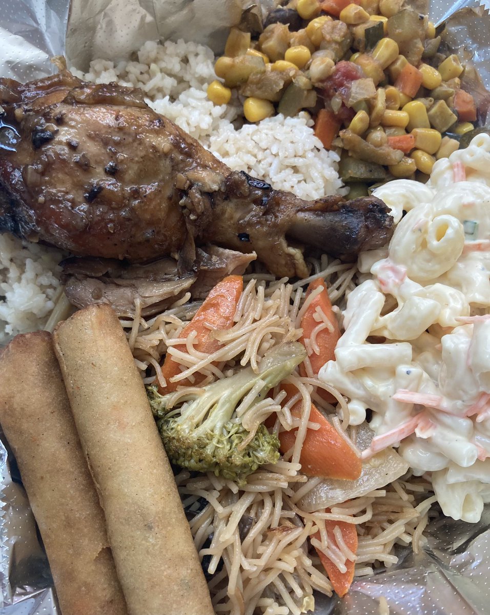 Pot Luck Fusion Platter: $20!  Braised &amp; Grilled Chicken Adobo Drum over Garlic Fried Rice; with Filipino Pancit Noodles, Summer Succotash and Hawaiian Mac Salad!  Selling out fast; interested locals, send me a DM!