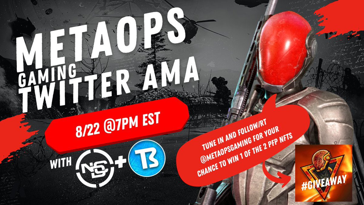 Bracra's tweet photo. @TwitterSpaces #AMA coming tomorrow for #MetaMondays 

Our host @NelsonDoCrypto and I will be interviewing @MetaOpsGaming!

Tune in, Follow them &amp; RT this Tweet for your chance to win 1 of the 2 #pfpNFTs we are going to #giveaway tomorrow @ 7PM EST 

https://t.co/mzO7rtnYnL https://t.co/26AWSpKnqd