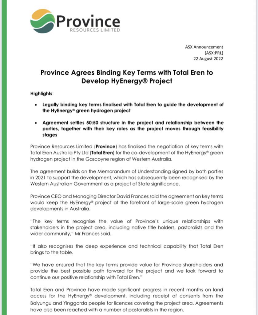 Province_ASX's tweet photo. Province Resources is pleased to announce it has finalised the negotiation of key terms with Total Eren for the co-development of the #HyEnergy® Green Hydrogen project in the Gascoyne region of Western Australia
$PRL #GreenHydrogen #Wind #Solar #ESG https://t.co/0s8MBSPROc